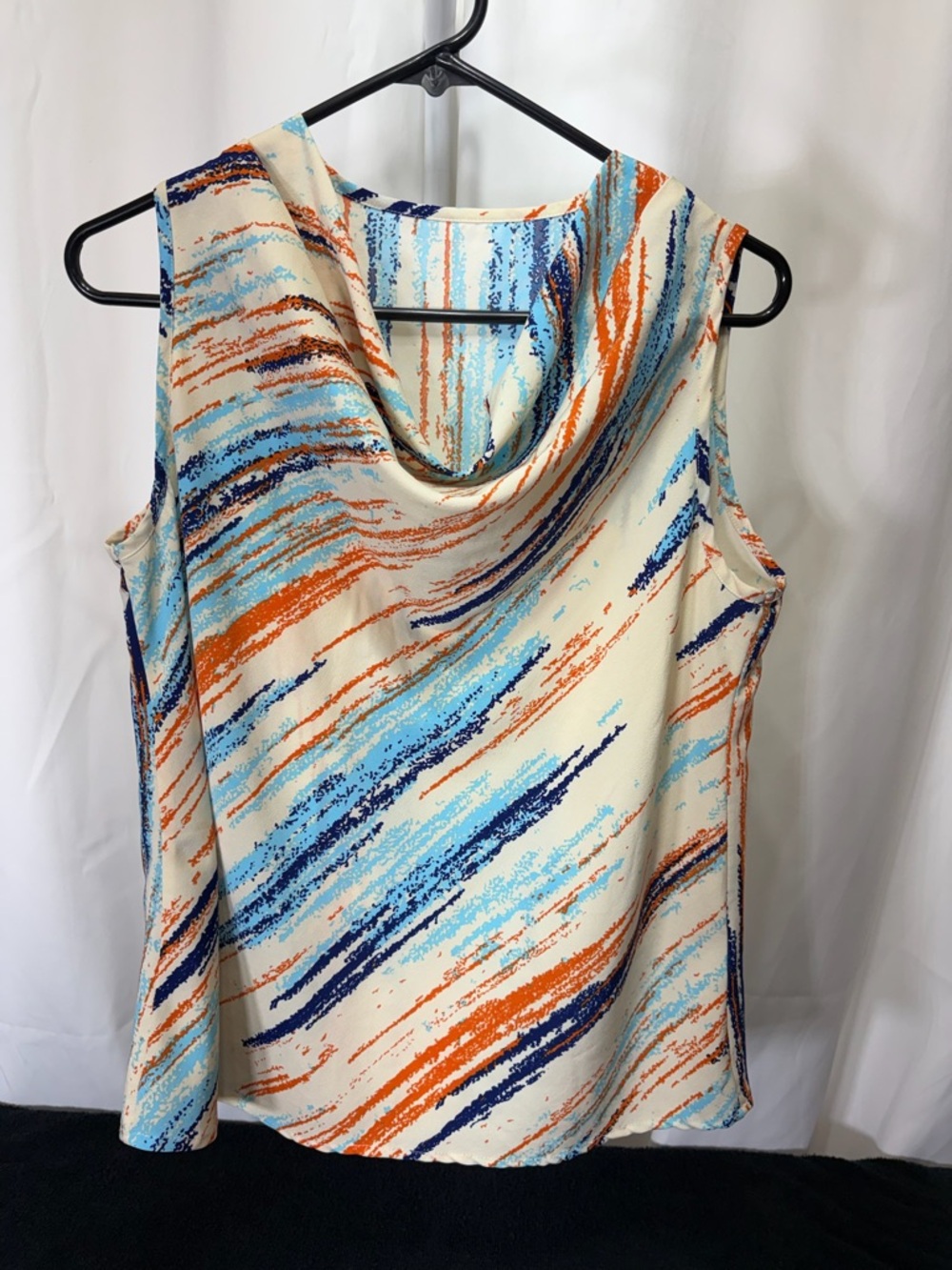 Sleeveless Cowl Neck Top in Cream with Blue & Orange Brushstroke Print 2662
